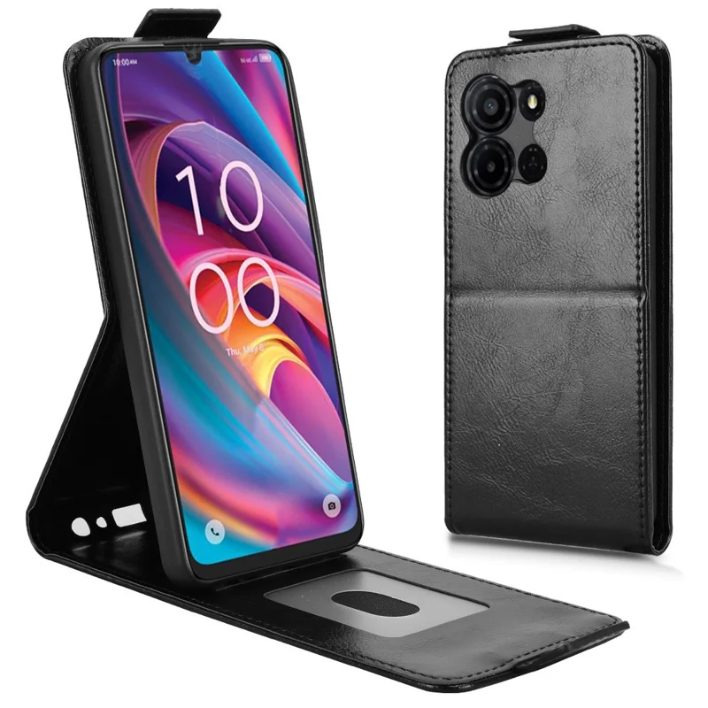 För TCL K33 5G / K32 5G ställfodral med magnetisk spänne, vertikalt vikfodral i läder med kortficka - Svart