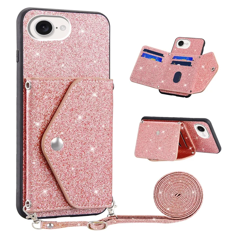 For iPhone 16e Case Card Holder Kickstand PU Leather + TPU Glitter Phone Cover with Shoulder Strap - Pink