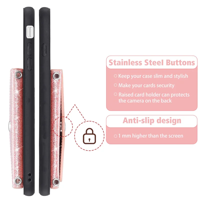 For iPhone 16e Case Card Holder Kickstand PU Leather + TPU Glitter Phone Cover with Shoulder Strap - Pink