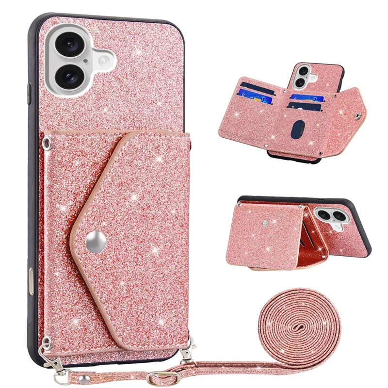 For iPhone 17 Case Card Holder Kickstand PU Leather + TPU Glitter Phone Cover with Shoulder Strap - Pink