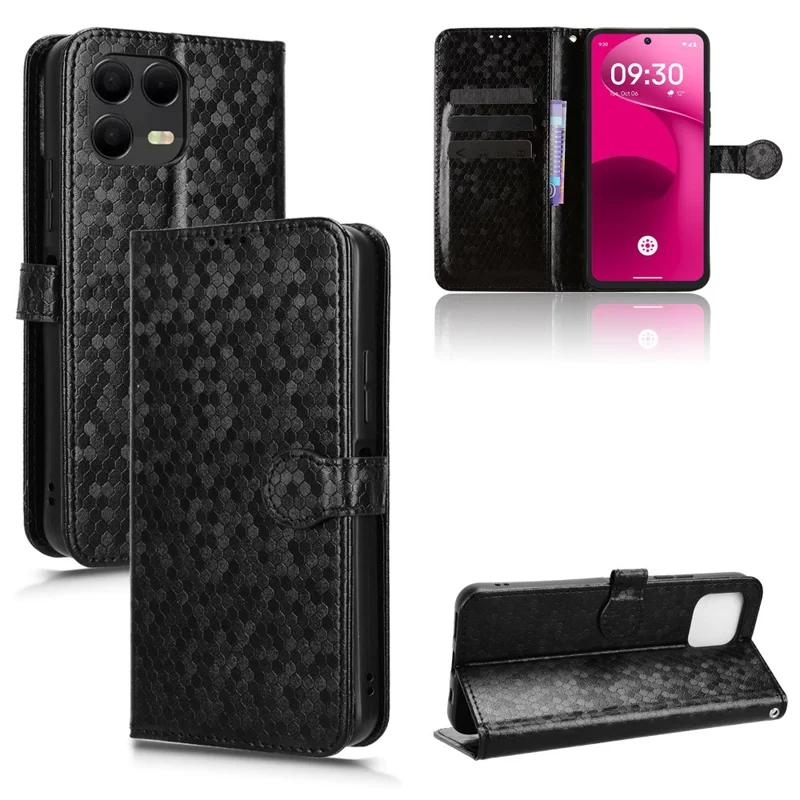 For T-Mobile Revvl 8 Pro  /  T Phone 3 Pro Wallet Case Dot Pattern Imprint PU Leather Phone Cover with Wrist Strap - Black