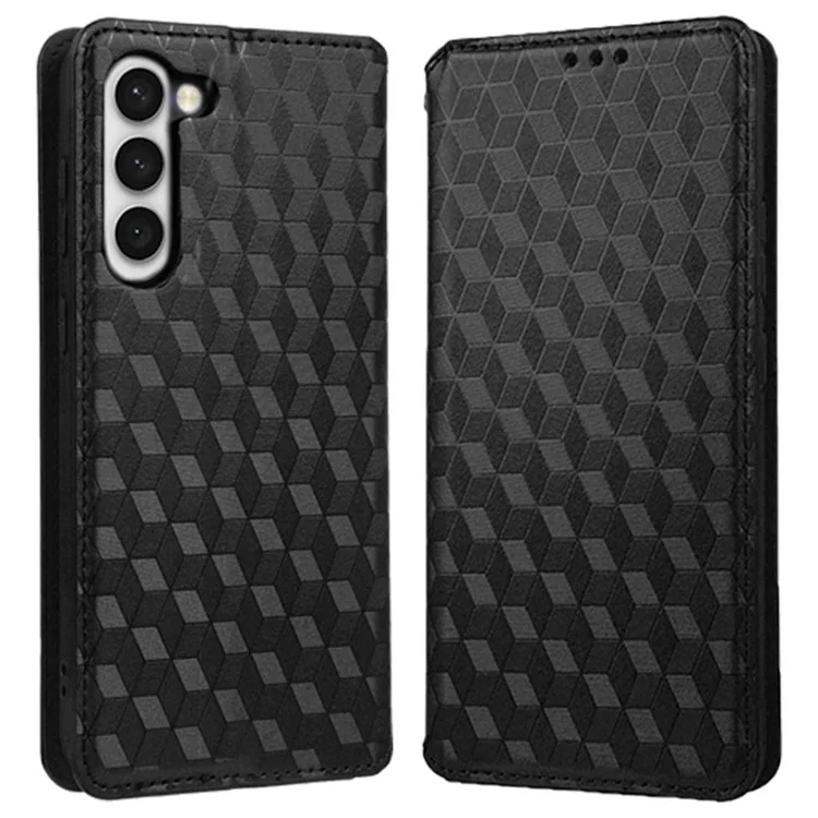 Full Protection Back Cover For Samsung Galaxy S23+ Rhombus Pattern Imprinted PU Leather Flip Folio Phone Case Wallet Stand - Black