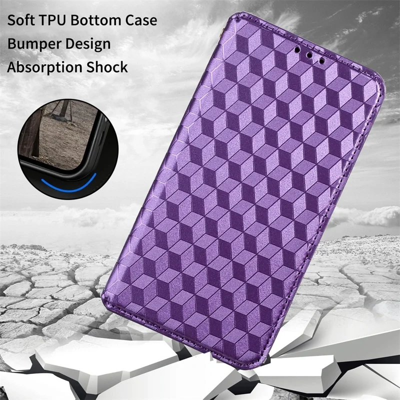 Full Protection Back Cover For Samsung Galaxy S23+ Rhombus Pattern Imprinted PU Leather Flip Folio Phone Case Wallet Stand - Purple