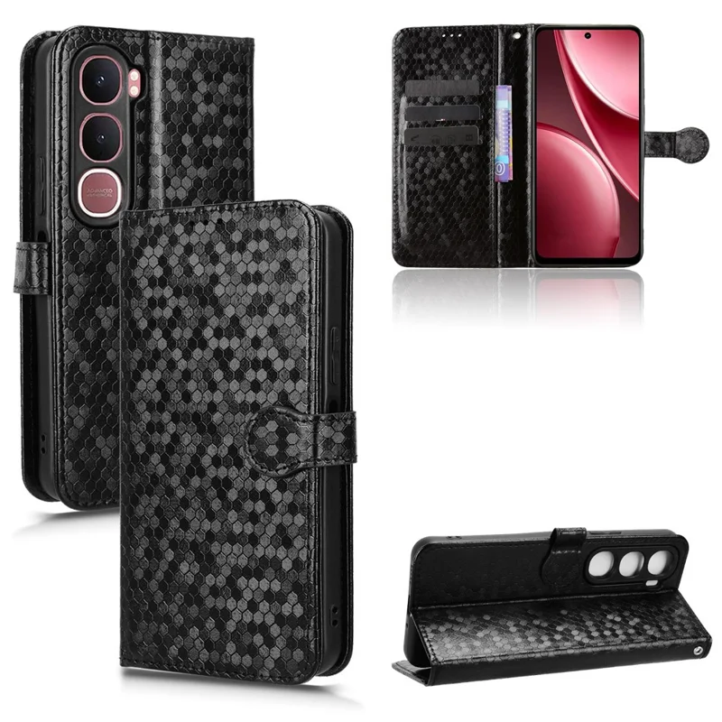 For vivo Y31 5G  /  Y21d Wallet Case Dot Pattern Imprint PU Leather Phone Cover with Wrist Strap - Black
