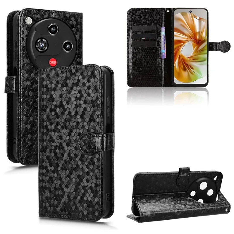 For ZTE nubia Focus 2 5G Wallet Case Dot Pattern Imprint PU Leather Phone Cover with Wrist Strap - Black