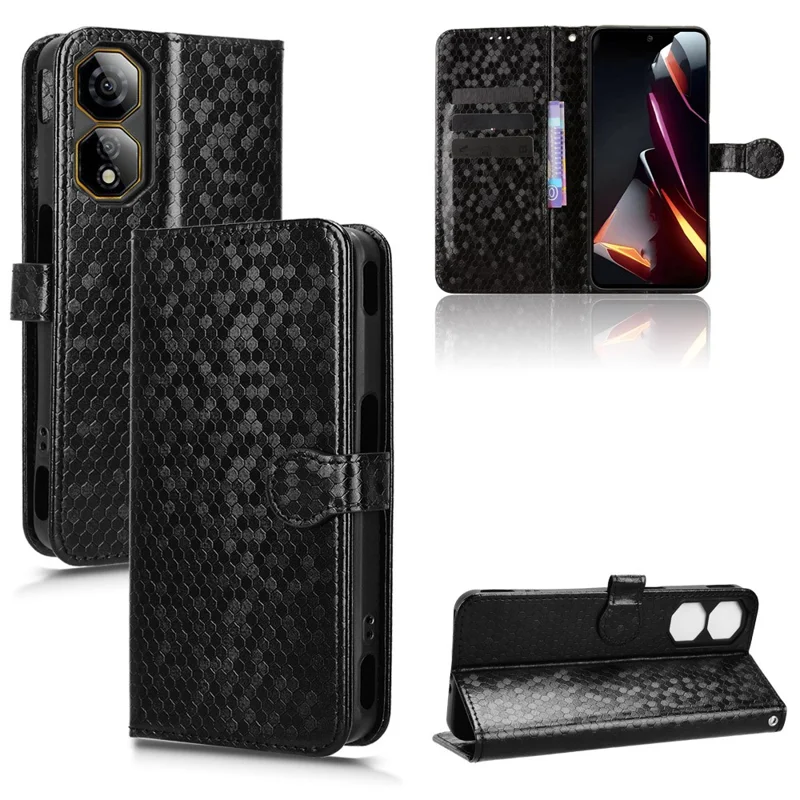 For ZTE nubia Neo 2 5G Wallet Case Dot Pattern Imprint PU Leather Phone Cover with Wrist Strap - Black
