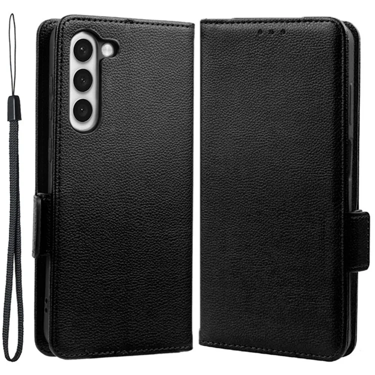 Anti-fall Phone Case for Samsung Galaxy S23+, Litchi Texture Stand Wallet PU Leather Magnetic Clasp Protective Folio Flip Phone Cover - Black