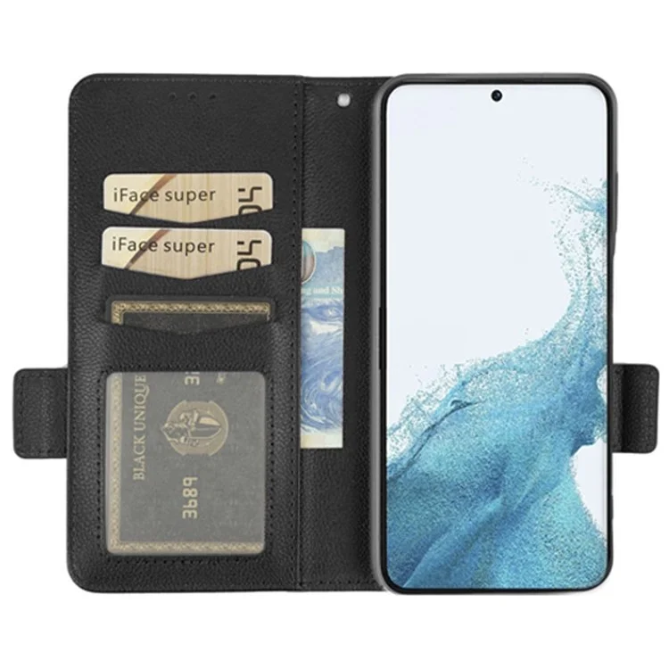 Anti-fall Phone Case for Samsung Galaxy S23+, Litchi Texture Stand Wallet PU Leather Magnetic Clasp Protective Folio Flip Phone Cover - Black