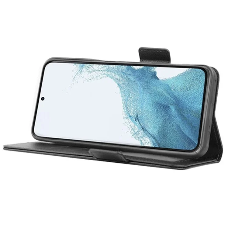 Anti-fall Phone Case for Samsung Galaxy S23+, Litchi Texture Stand Wallet PU Leather Magnetic Clasp Protective Folio Flip Phone Cover - Black