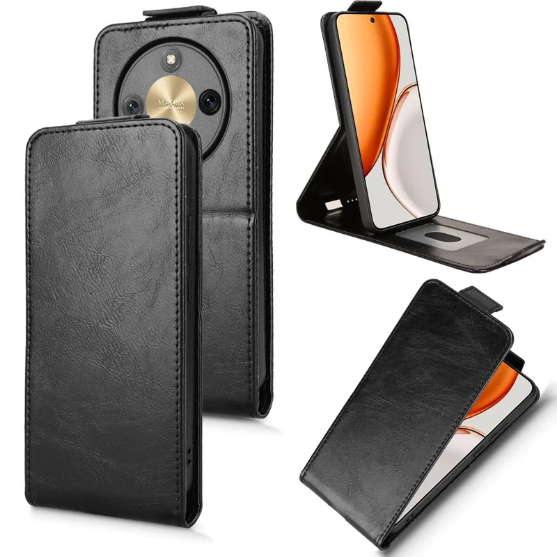 Para Honor X70 5G / X9d 5G Capa de Suporte Magnética Vertical Flip Leather Phone com Porta-Cartões - Preto