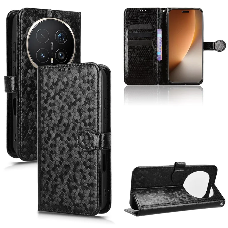 For Honor Magic8 Pro 5G Wallet Case Dot Pattern Imprint PU Leather Phone Cover with Wrist Strap - Black