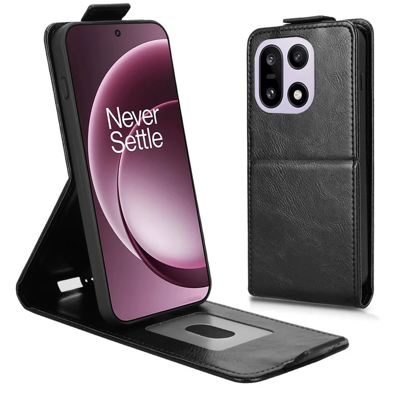 For OnePlus 15 5G Stand Case Magnetic Clasp Vertical Flip Leather Phone Cover with Card Holder - Black