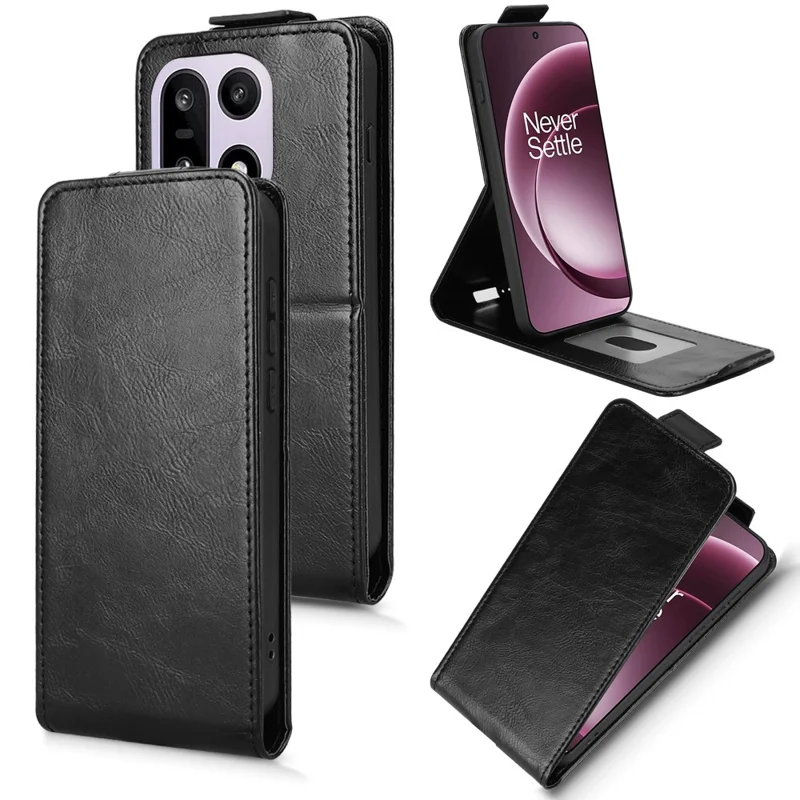 For OnePlus 15 5G Stand Case Magnetic Clasp Vertical Flip Leather Phone Cover with Card Holder - Black