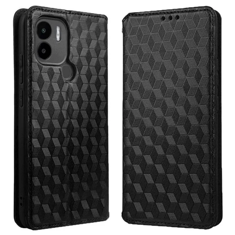 Anti-fall Cell Phone Cover For Xiaomi Redmi A1+ 4G / A2+ 4G / Poco C50 4G Rhombus Pattern Imprinted PU Leather Flip Folio Phone Case Wallet Stand - Black