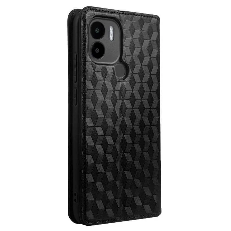 Anti-fall Cell Phone Cover For Xiaomi Redmi A1+ 4G / A2+ 4G / Poco C50 4G Rhombus Pattern Imprinted PU Leather Flip Folio Phone Case Wallet Stand - Black
