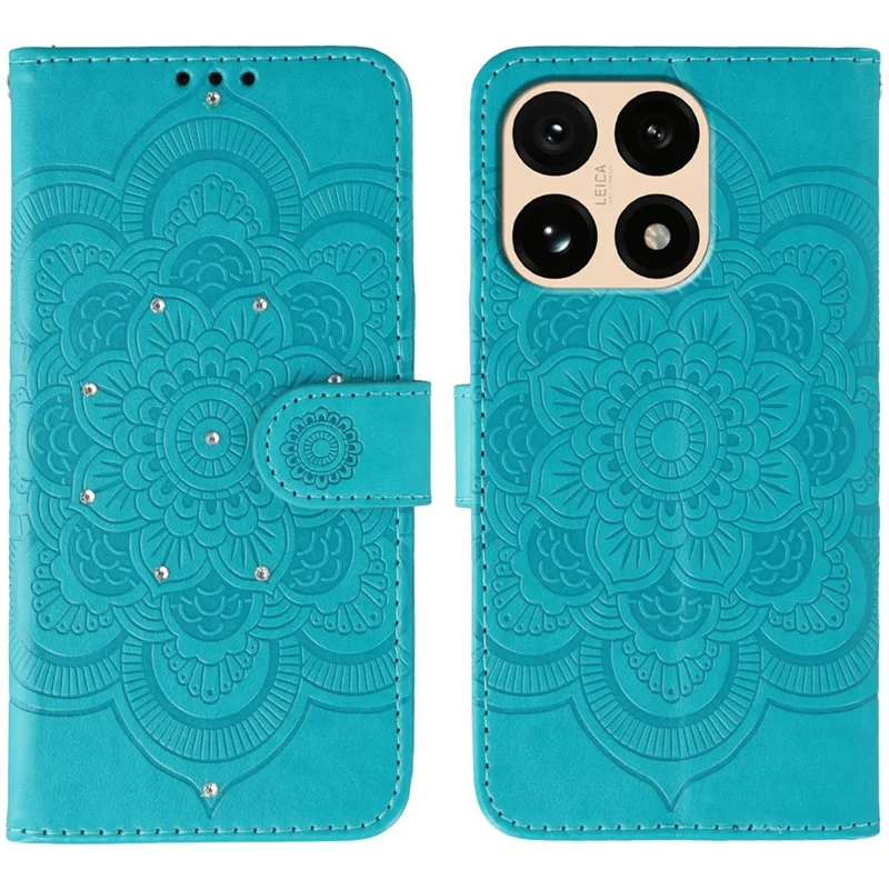 For Xiaomi 15T Case Rhinestone Decor PU Leather Mandala Imprint Phone Cover with Wrist Strap - Blue