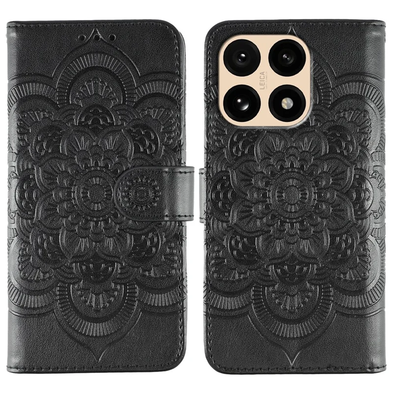 Per Xiaomi 15T Case PU Leather Mandala Imprinted Design Wallet Phone Cover con Cinturino da Polso - Nero