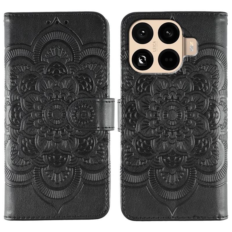 Для Xiaomi 15T Pro Case PU Leather Mandala Imprinted Design Wallet Phone Cover with Wrist Strap - Black