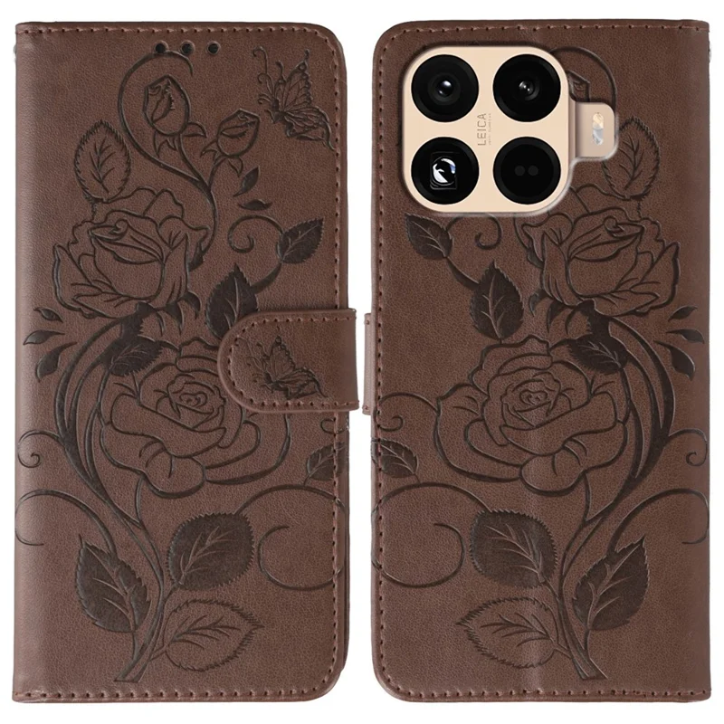 Xiaomi 15T Pro Étui Portefeuille Support Imprimé Rose Papillon Cuir PU Housse de Téléphone - Marron