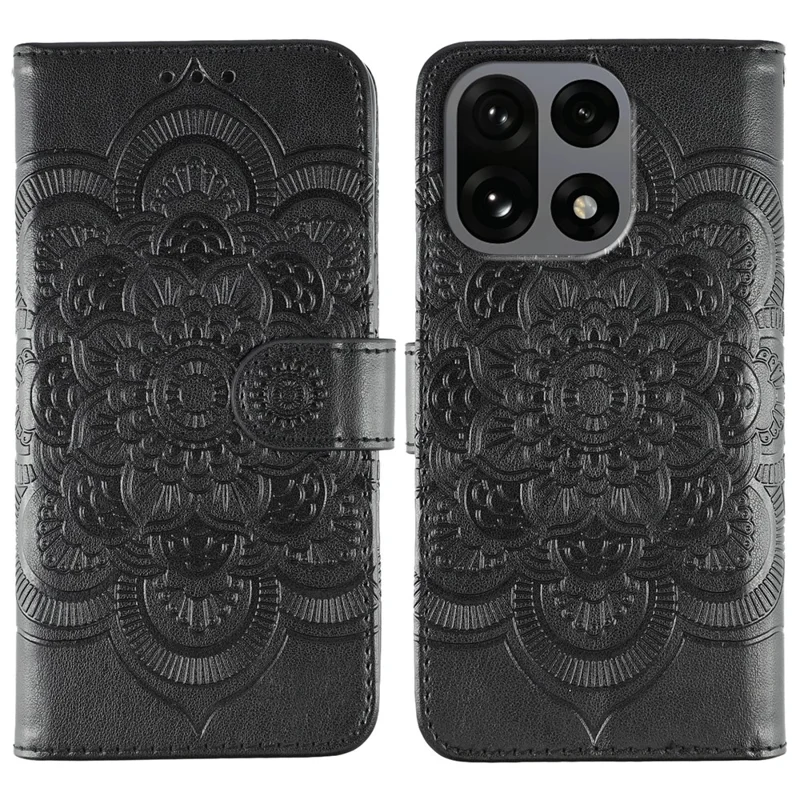 For OnePlus 15 5G Case PU Leather Mandala Imprinted Design Wallet Phone Cover with Wrist Strap - Black