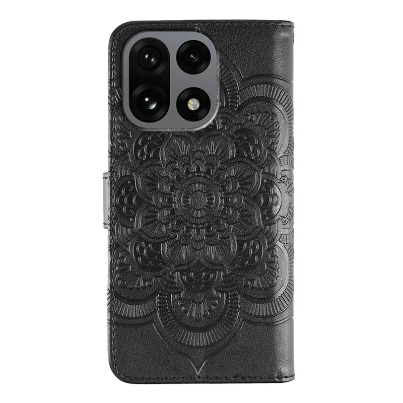 For OnePlus 15 5G Case PU Leather Mandala Imprinted Design Wallet Phone Cover with Wrist Strap - Black