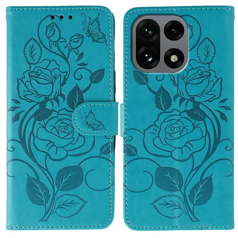 For OnePlus 15 5G Case Wallet Stand Imprinted Rose Butterfly PU Leather Phone Cover - Blue