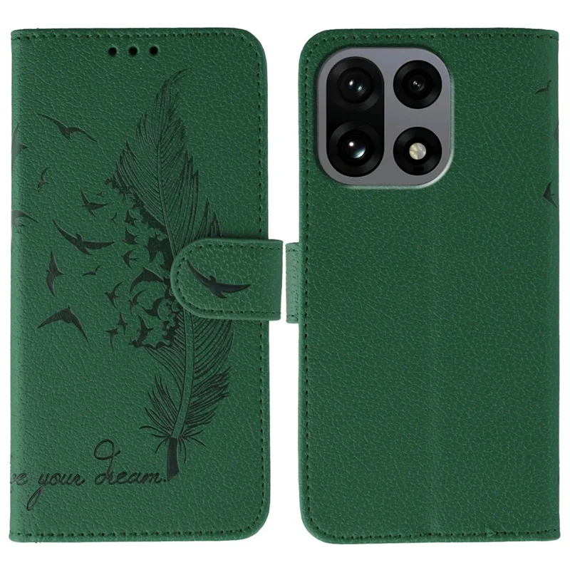 Voor OnePlus 15 5G hoesje met veerprint in PU-leer met portemonnee - Groen