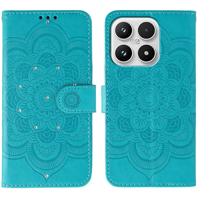 For Xiaomi 17 Case Rhinestone Decor PU Leather Mandala Imprint Phone Cover with Wrist Strap - Blue