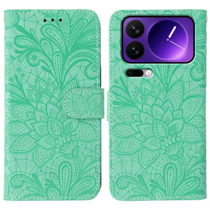 For Xiaomi 17 Pro Case Lace Flowers PU Leather Flip Wallet Phone Cover - Green