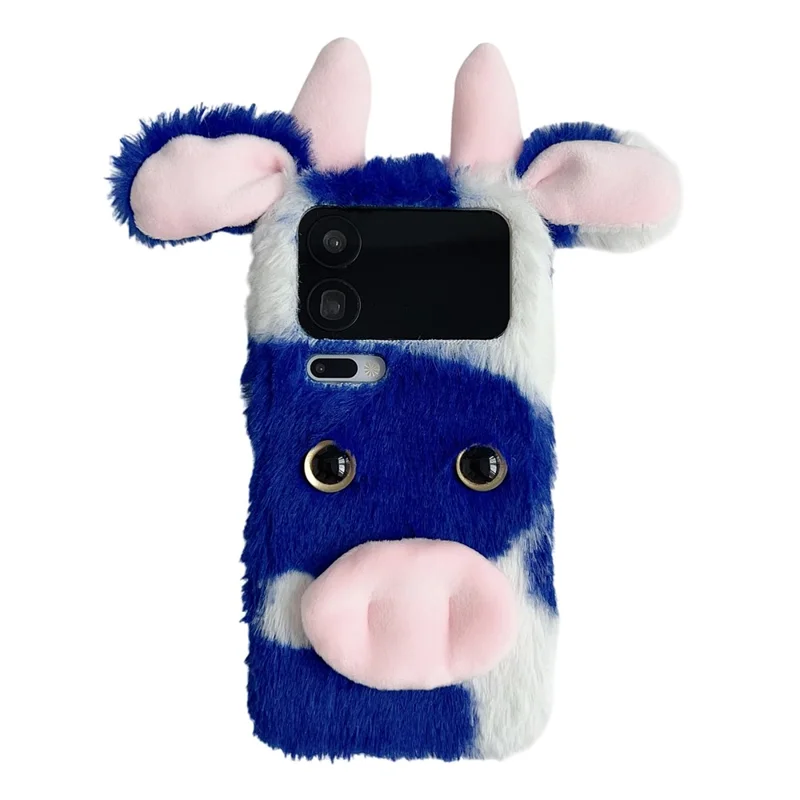 For Xiaomi 17 Pro Case Fluffy Cute Cow Winter Plush Inner TPU Phone Cover - Blue