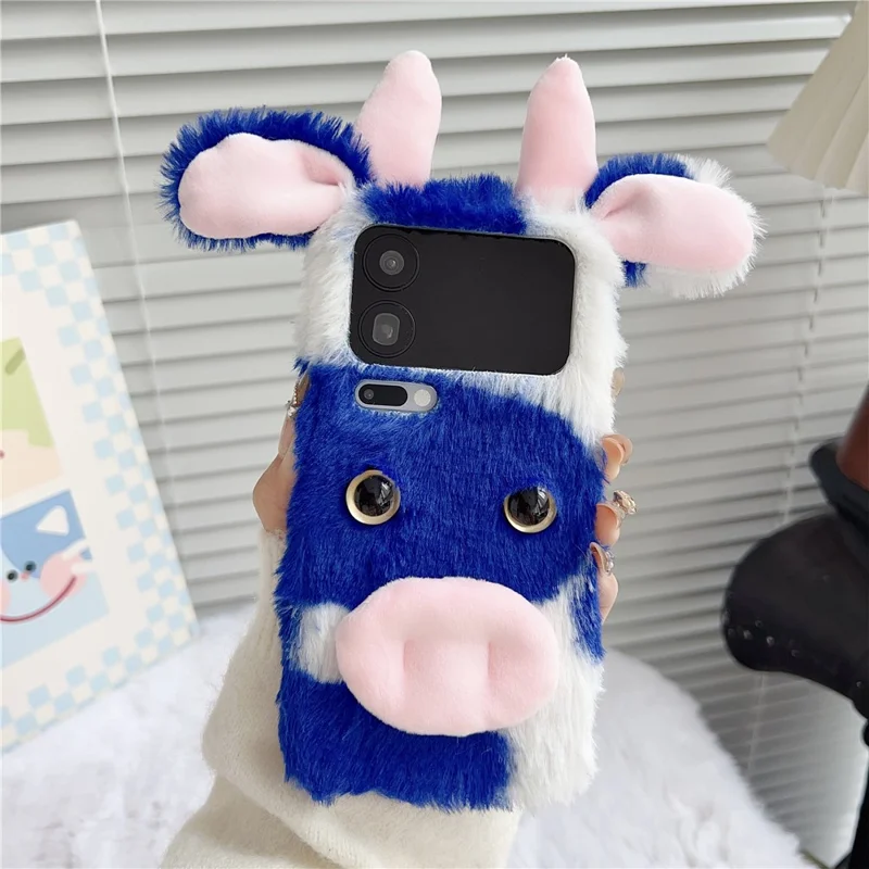 For Xiaomi 17 Pro Case Fluffy Cute Cow Winter Plush Inner TPU Phone Cover - Blue