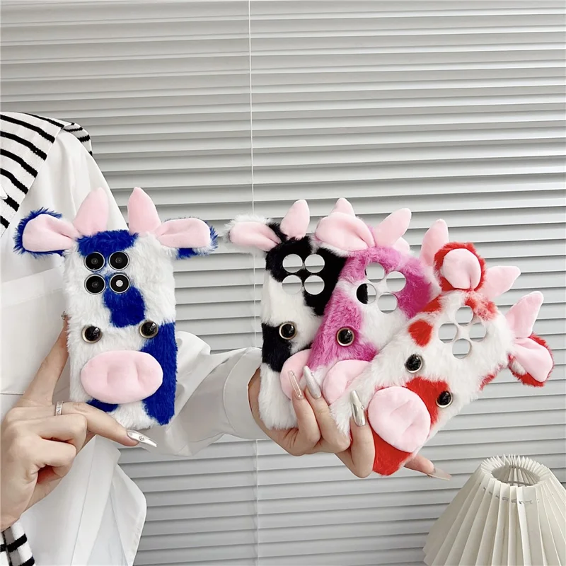 For Xiaomi 17 Pro Case Fluffy Cute Cow Winter Plush Inner TPU Phone Cover - Blue