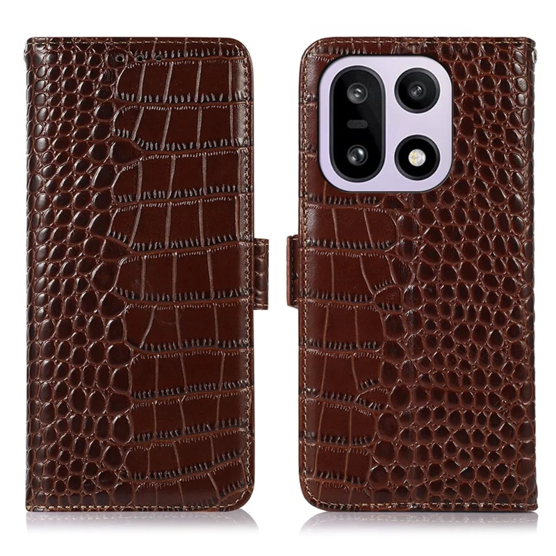 For OnePlus 15 5G Case RFID Blocking Wallet Crocodile Texture Genuine Cow Leather Phone Cover - Brown