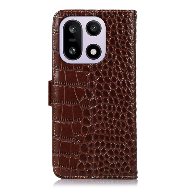 For OnePlus 15 5G Case RFID Blocking Wallet Crocodile Texture Genuine Cow Leather Phone Cover - Brown