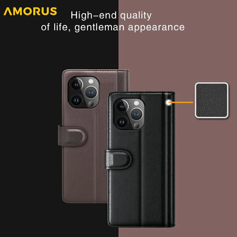 AMORUS Per iPhone 13 Pro Max Custodie Stand Texture Vitello Pelle Bovina Genuina Portafoglio Custodia per Telefono - Marrone