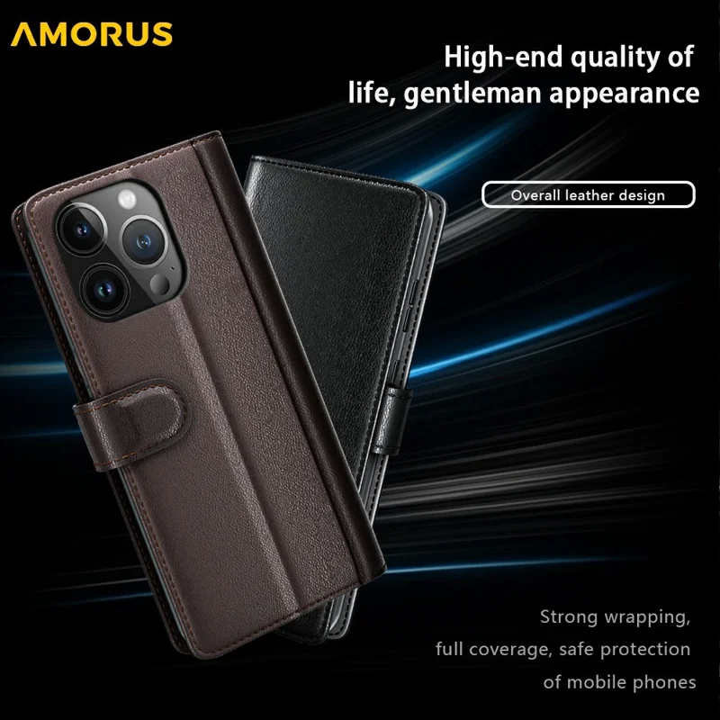 AMORUS Für iPhone 13 Pro Stand Cases Kalbleder-Textur Echtes Spaltleder-Wallet-Telefonhülle - Braun
