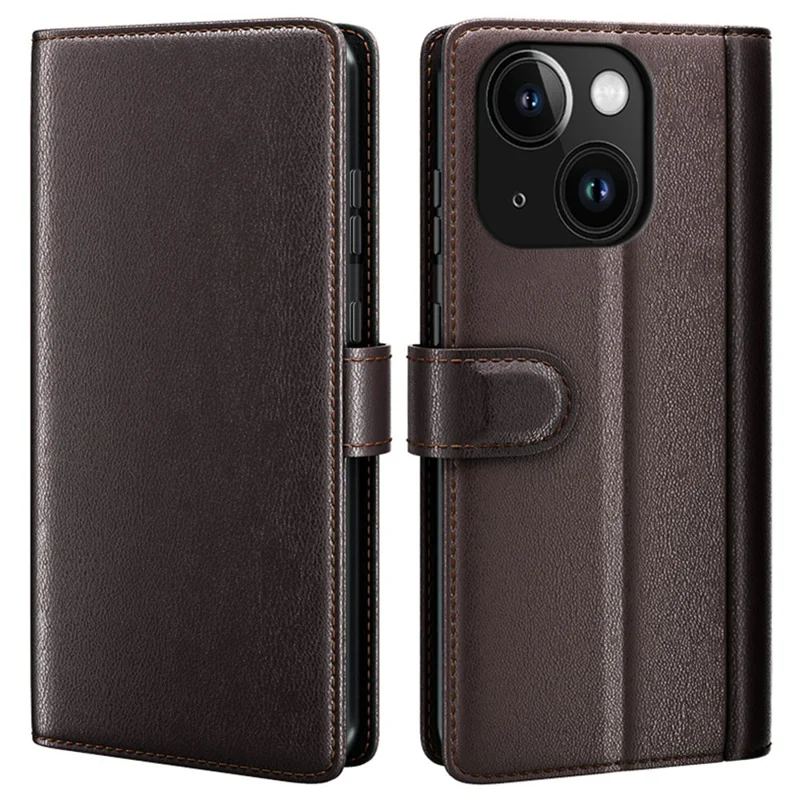 AMORUS For iPhone 14 Stand Cases Calf Texture Genuine Split Leather Wallet Phone Cover - Brown