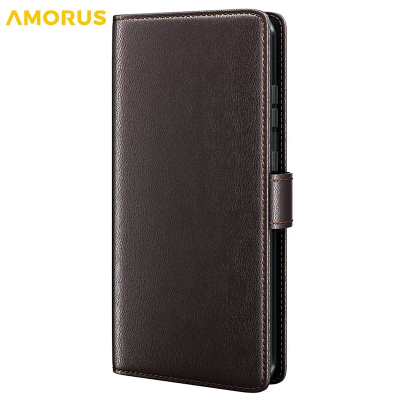 AMORUS For iPhone 14 Stand Cases Calf Texture Genuine Split Leather Wallet Phone Cover - Brown