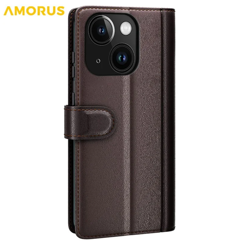 AMORUS For iPhone 14 Stand Cases Calf Texture Genuine Split Leather Wallet Phone Cover - Brown