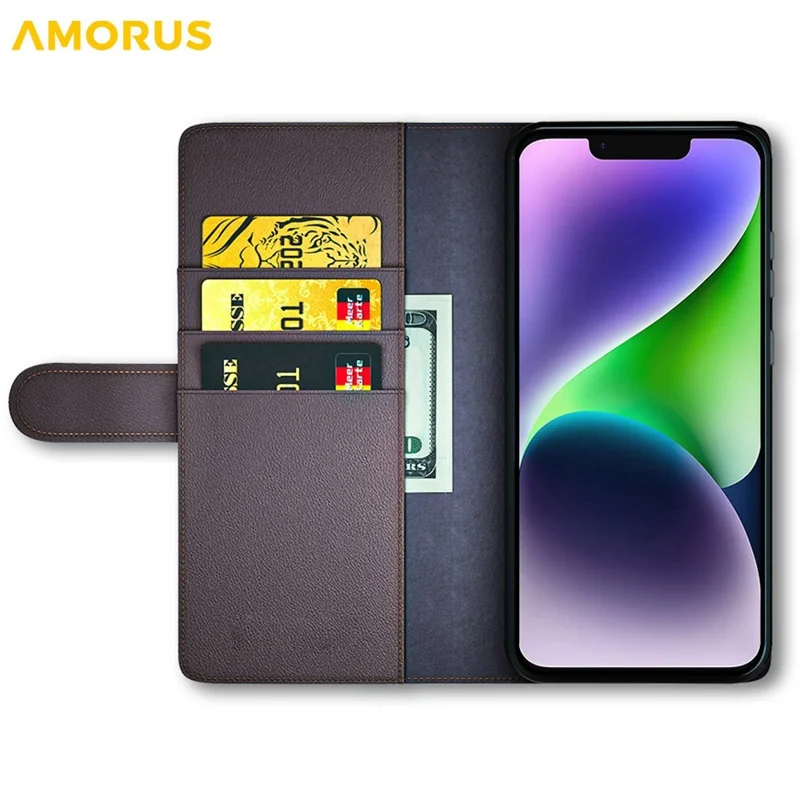 AMORUS For iPhone 14 Stand Cases Calf Texture Genuine Split Leather Wallet Phone Cover - Brown