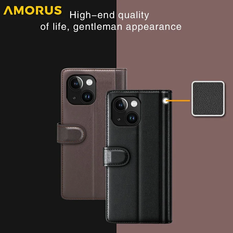 AMORUS For iPhone 14 Stand Cases Calf Texture Genuine Split Leather Wallet Phone Cover - Brown