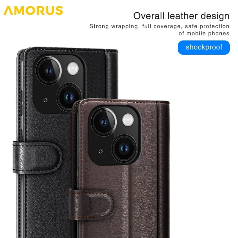 AMORUS For iPhone 14 Stand Cases Calf Texture Genuine Split Leather Wallet Phone Cover - Brown