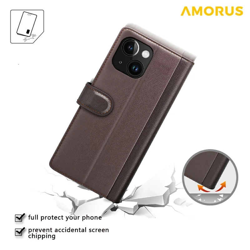 AMORUS For iPhone 13 Stand Cases Calf Texture Genuine Split Leather Wallet Phone Cover - Brown