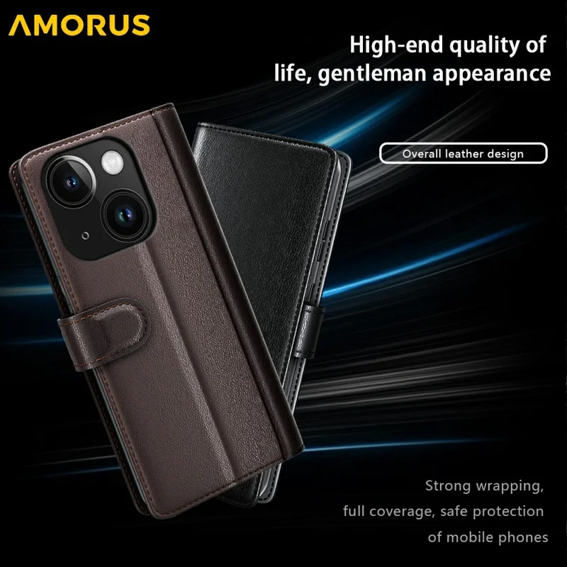 AMORUS For iPhone 13 Stand Cases Calf Texture Genuine Split Leather Wallet Phone Cover - Brown