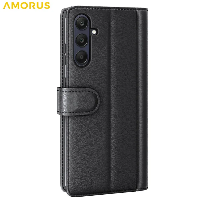 AMORUS For Samsung Galaxy S25 FE Stand Cases Calf Texture Genuine Split Leather Wallet Phone Cover - Black