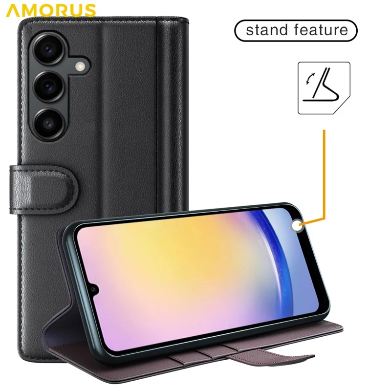 AMORUS For Samsung Galaxy S25 FE Stand Cases Calf Texture Genuine Split Leather Wallet Phone Cover - Black