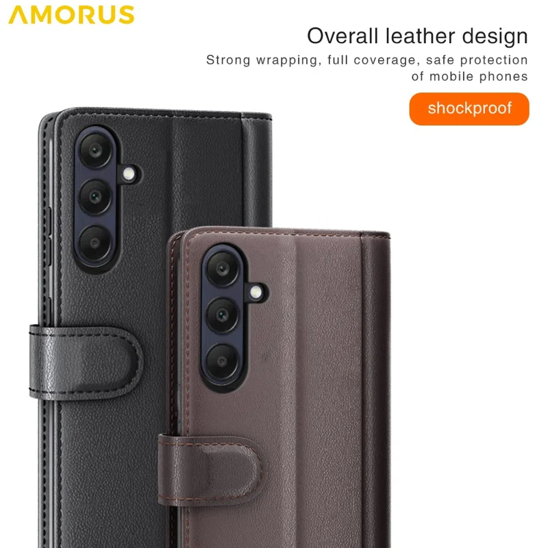 AMORUS For Samsung Galaxy S25 FE Stand Cases Calf Texture Genuine Split Leather Wallet Phone Cover - Black