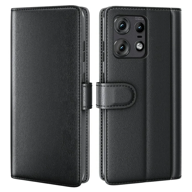AMORUS For Motorola Edge 50 Pro 5G Stand Cases Calf Texture Genuine Split Leather Wallet Phone Cover - Black
