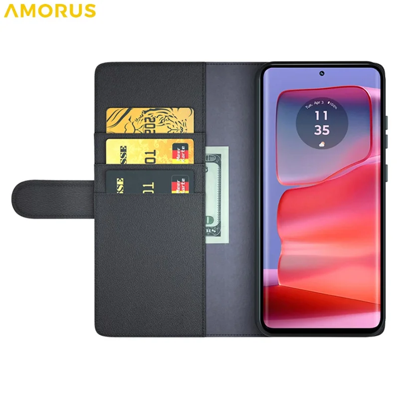 AMORUS For Motorola Edge 50 Pro 5G Stand Cases Calf Texture Genuine Split Leather Wallet Phone Cover - Black
