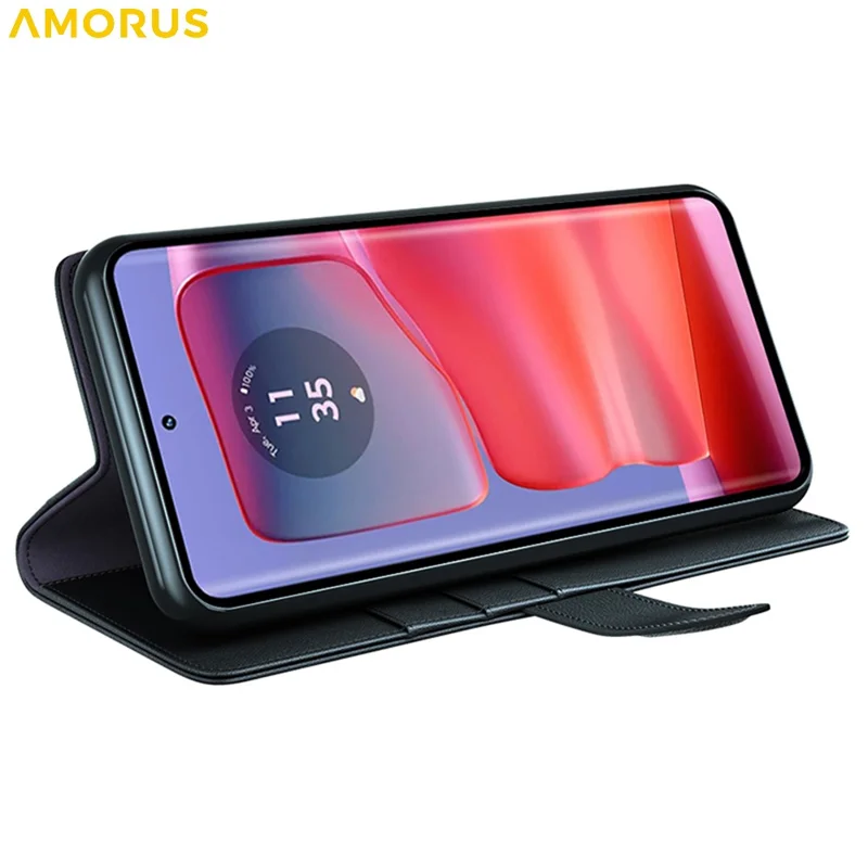 AMORUS For Motorola Edge 50 Pro 5G Stand Cases Calf Texture Genuine Split Leather Wallet Phone Cover - Black
